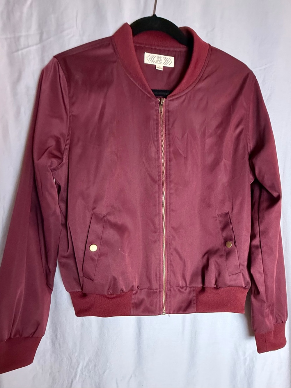 Pink Rose Burgundy Bomber Jacket with Gold-Tone Snaps